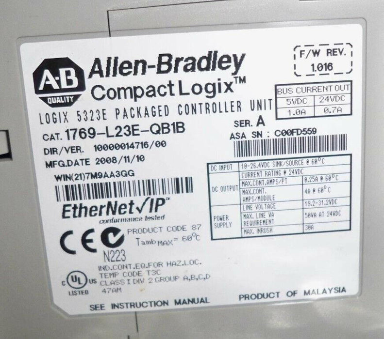 ALLEN BRADLEY 1769-L23E-QB1B SER A CONTROLLER UNIT 1769L23EQB1B no keys